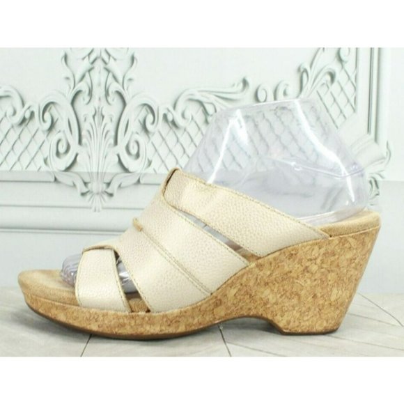 Clarks Shoes - Clarks Liz Ventura  Gold Leather Comfort Cork Wedge Sandals Size 8.5 M